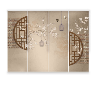 透明卷帘窗帘屏风帘隔断帘挂式 新中式 升降遮光帘子软隔断玄关花鸟
