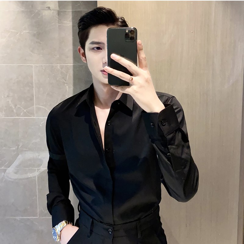 2025新款手臂织带装饰设计感衬衫男长袖帅气痞帅个性潮流百搭衬衣