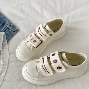 喜叔 爱吃草莓魔术贴帆布鞋女款ins潮小众手绘小白鞋厚底大头板鞋