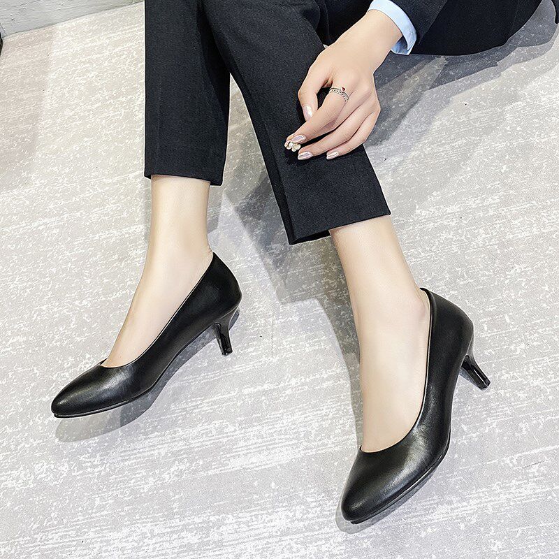 空乘高跟鞋女黑色圆头细跟工作鞋皮鞋面试空姐鞋软皮职业女鞋单鞋