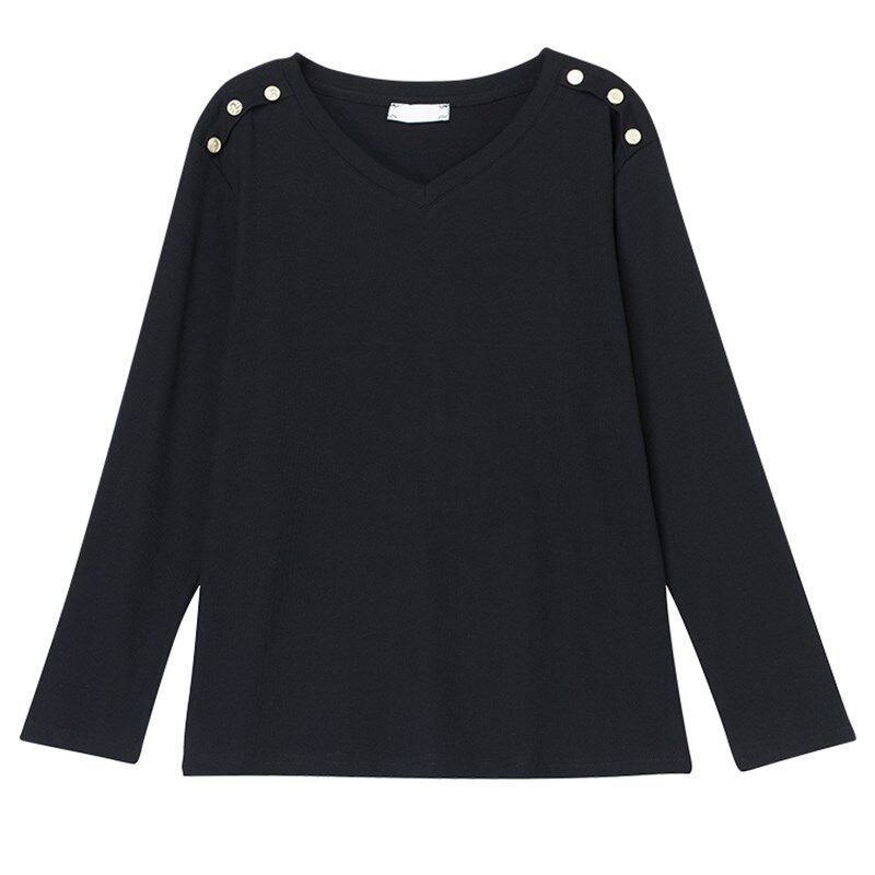 秋季长袖大码百搭V领t恤女中年妈妈宽松遮肚显瘦黑色打底衫200斤