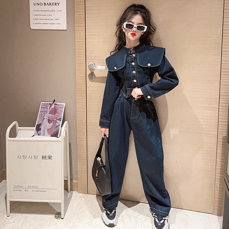 炸街春秋款时尚牛仔套装2024新款儿童洋气时髦设计感X潮童两件套
