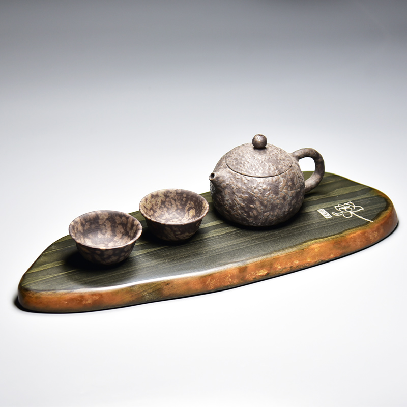 高档老坑精品文房四宝纸墨笔砚套装喝茶品茶专用天然原石金皮籽料
