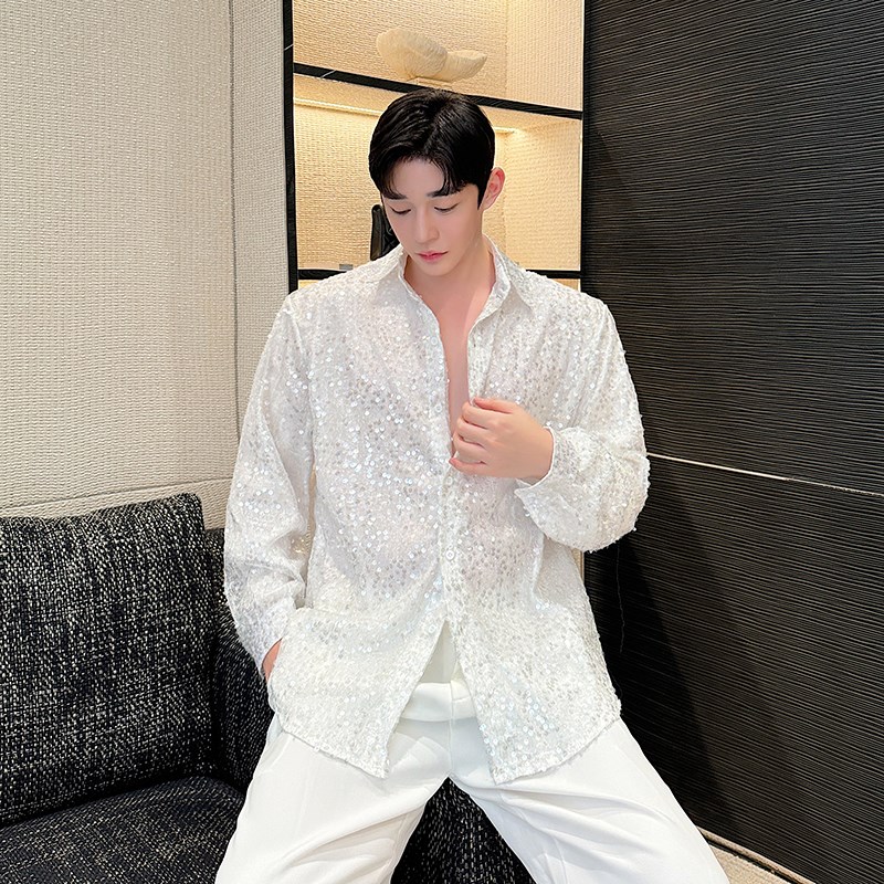 高级感小众重工艺亮片不规则衬衫男长袖炸街网红夜店演出舞台装潮