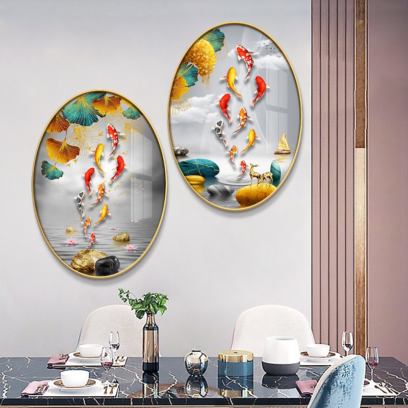 九鱼新中式餐厅装饰画椭圆形进门正对墙面玄关挂画客厅壁画图片