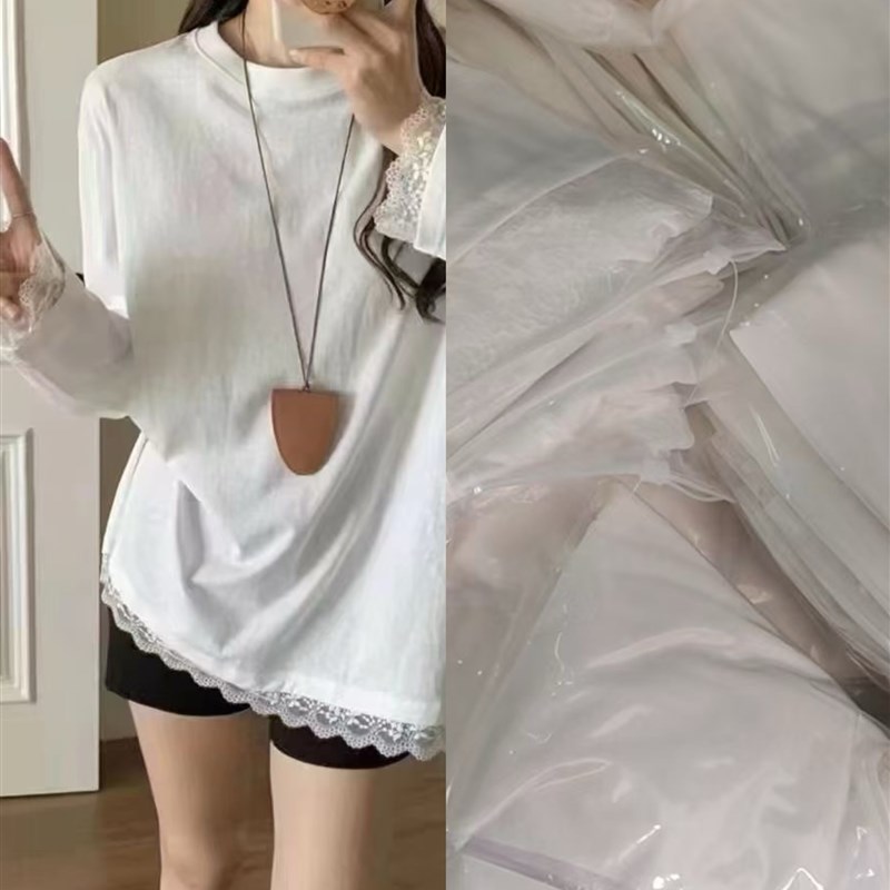 秋季单穿内搭小能手蕾丝拼接中长款M圆领宽松白色T恤女