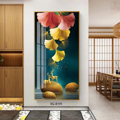 入户玄关装饰画客厅现代简约挂画银杏福鹿过道走廊竖版壁画晶瓷画