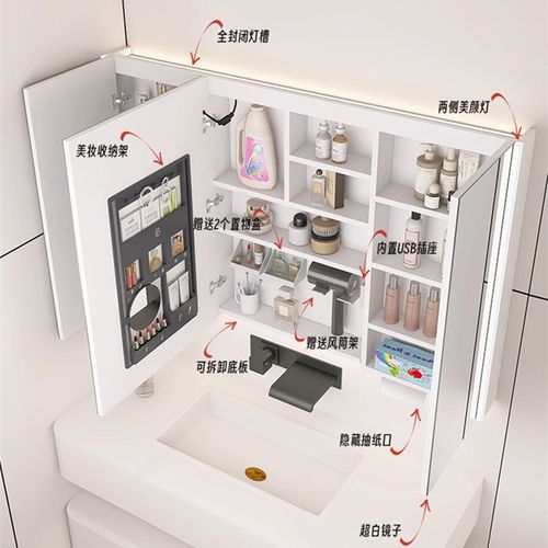 白色奶油风不锈钢智能镜柜挂墙式卫生间带灯浴室镜美妆收纳新款