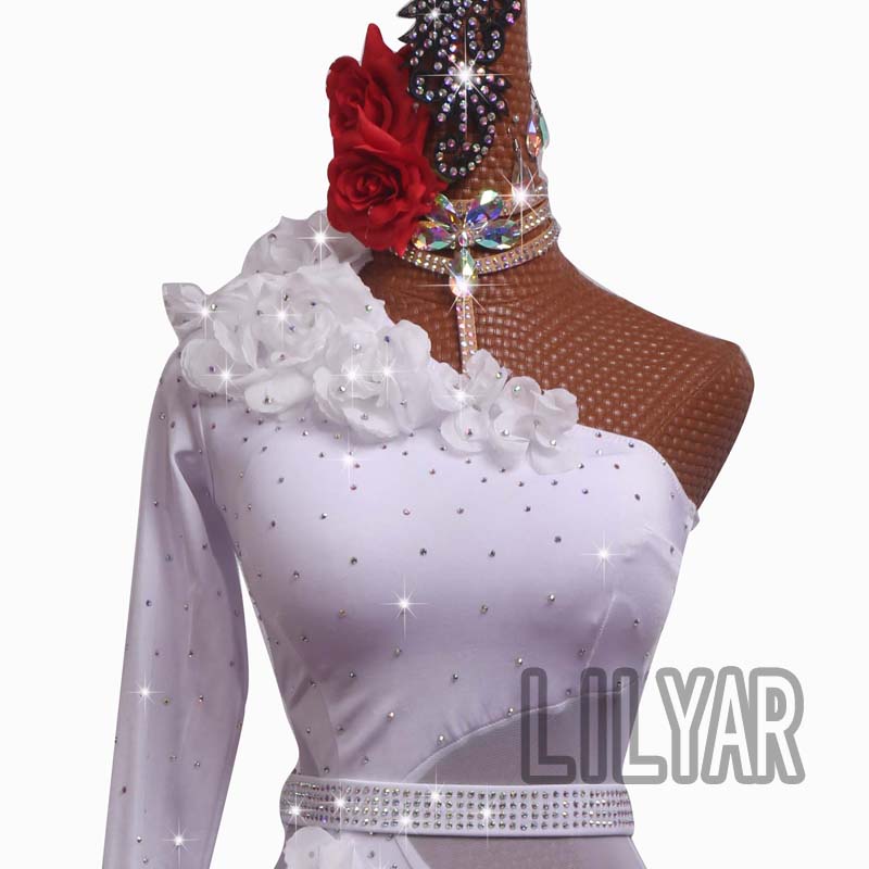 新款拉丁服装少儿成人练功服舞蹈表演服儿童定制白色立体花比赛服