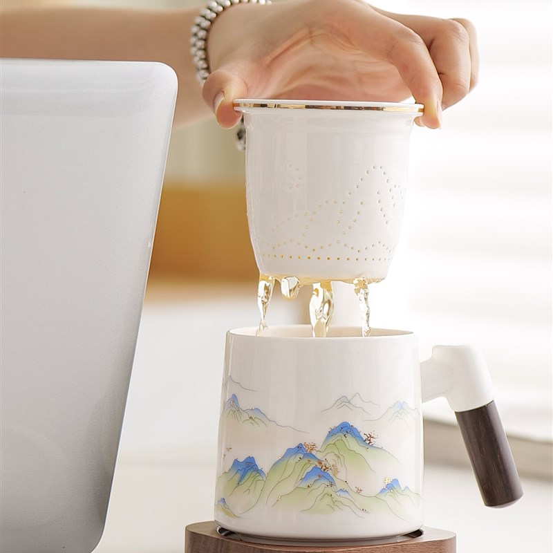 陶瓷茶水分离泡茶杯办公室水杯马克杯子带盖带过滤喝茶单个人专用