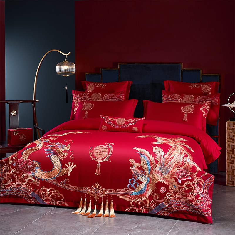 高端中式200S长绒棉结婚四件套红色重工刺绣龙凤被套婚庆床上用品