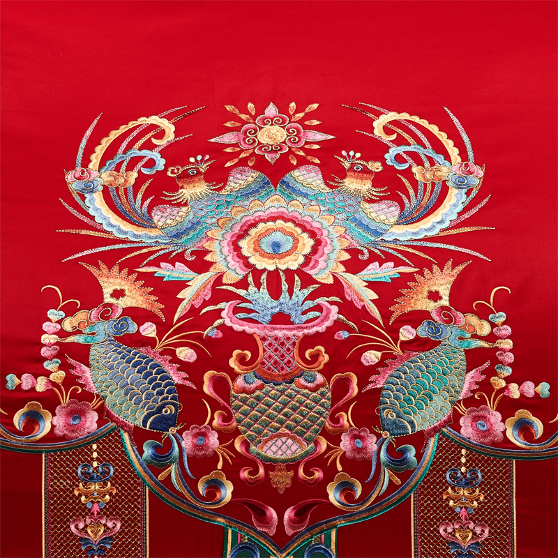 中式大红婚庆四件套全棉刺绣新婚床品结婚八十二件套陪嫁床上用品