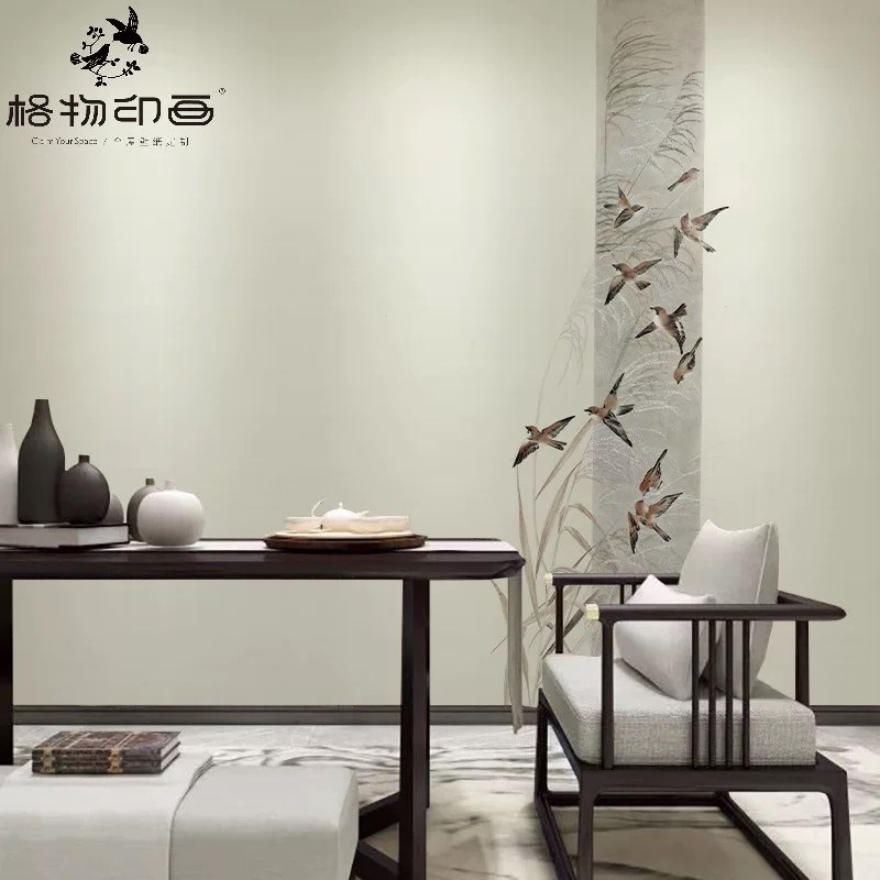 新中式淡雅芦苇花鸟电视背景墙布壁纸卧室墙纸壁布环保无纺布壁画