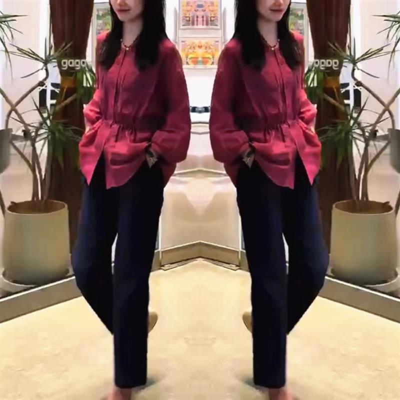 网红爆款时尚f套装新款气质褶皱收腰显瘦防嗮衬衫+简约显瘦九分裤