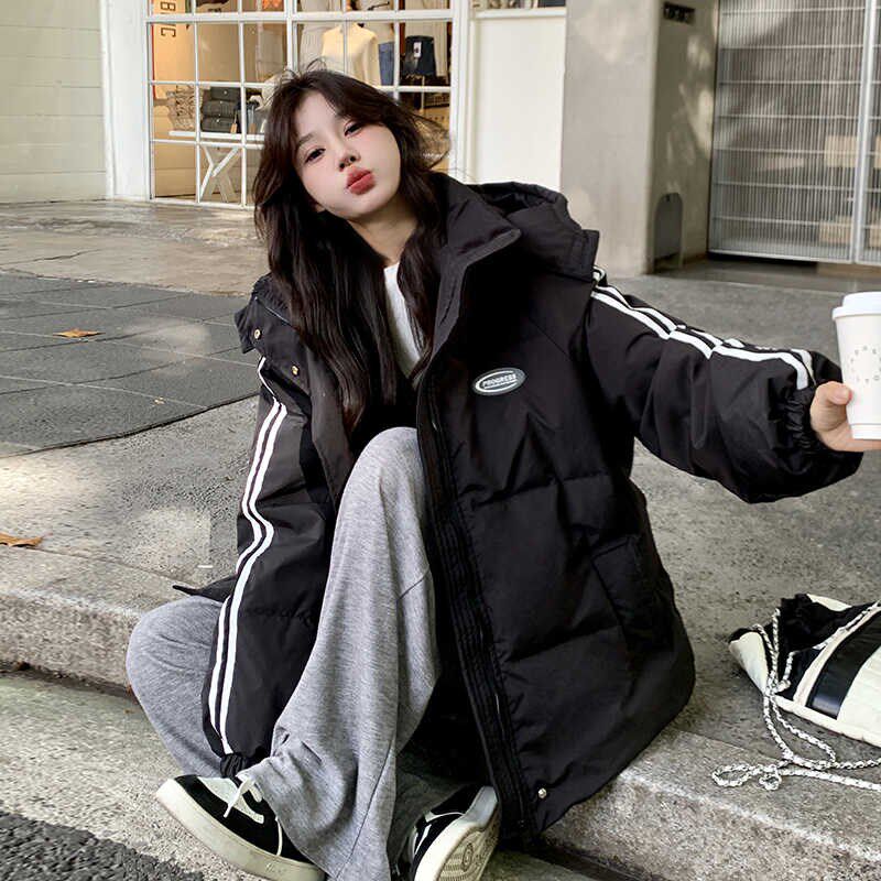 黑色羽绒棉服g女冬2024新款美式炸街贴标面包服加厚棉衣棉袄ins潮