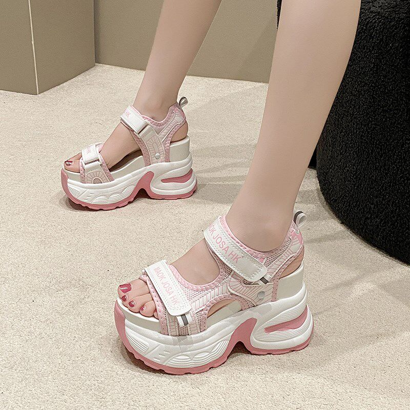 2024夏季新款10cm内增高跟凉鞋女厚底运动百搭小个子老爹坡跟凉鞋