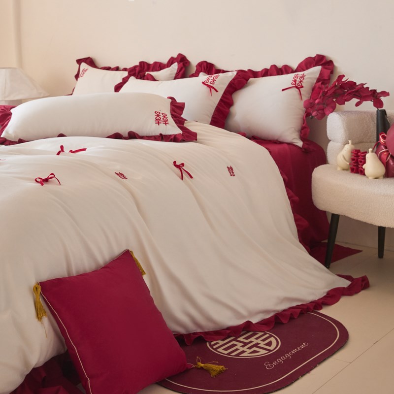 法式浪漫结婚全棉四件套婚庆喜被套大红色陪嫁娶被罩婚房纯棉床品