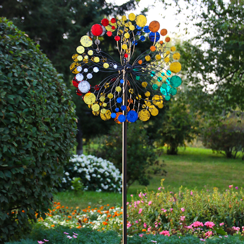 花园庭院铁艺旋转双面彩色风车户外阳台院子造景装饰摆件落地模型