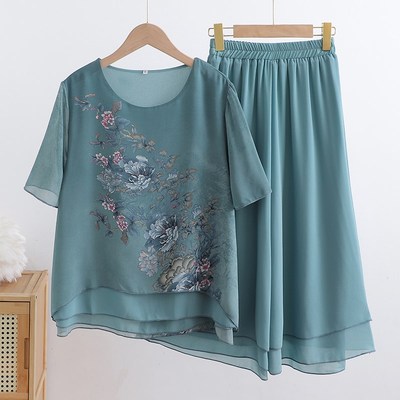 小个子妈妈夏季国风雪纺套装新款印花圆领T恤中老年女裙裤两件套