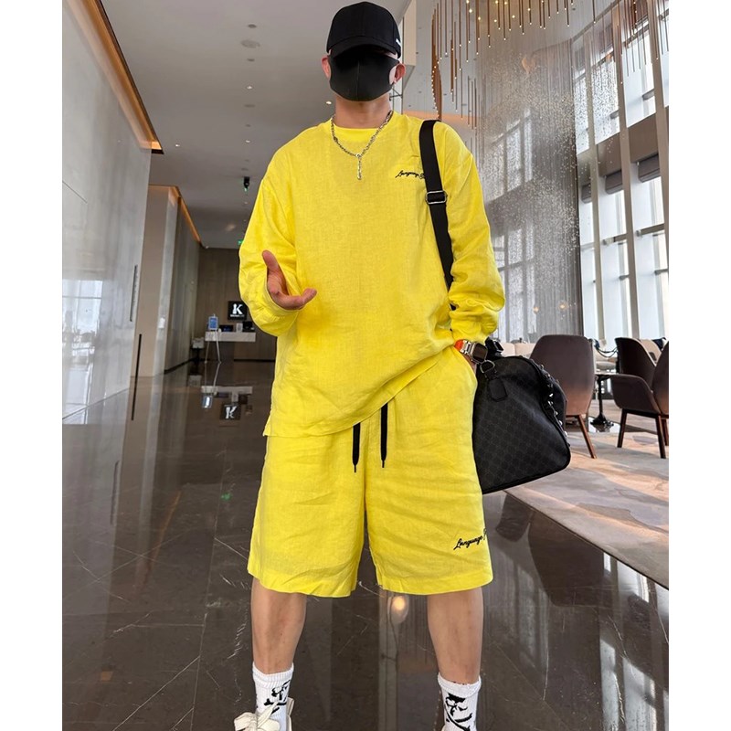2025夏季新款亚麻休闲套装男轻薄透气慵懒风宽松时尚纯色两件套潮
