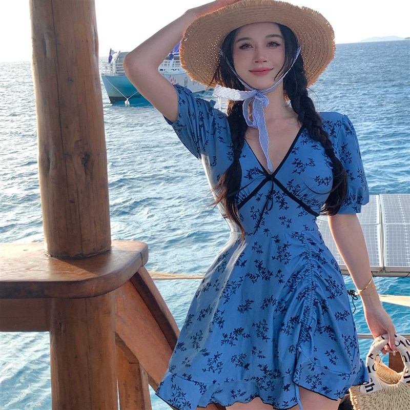 碎花连体裙e式露背泳衣女泡温泉高级感泳衣大码胖mm女泳衣显瘦遮
