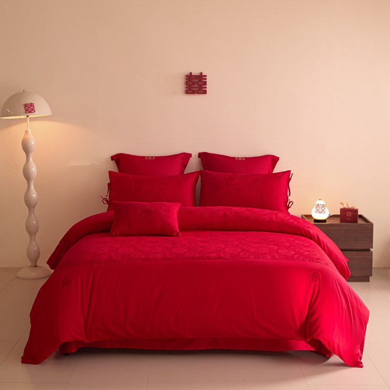 结婚红色提花刺绣床上四件套纯棉全棉2025新款婚庆被套床单多件套