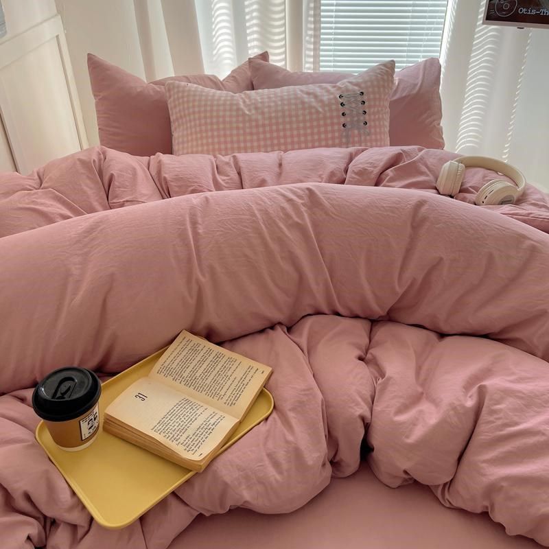 大学生宿舍床上三件套纯色水洗棉单人床单被套四件套女生简约被单