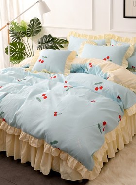 天蓝色公主风床裙4四件套少女心柔软透气助眠床品双人床单被套夏