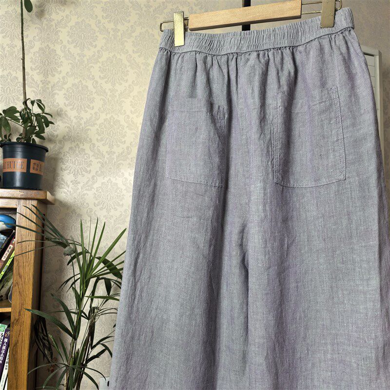 独特色织汉麻裤女宽松显瘦百搭紫灰色阔腿裤休闲小个子9分直筒裤