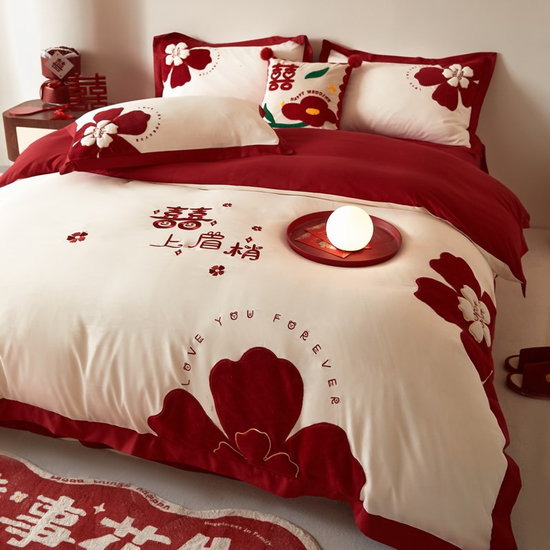 高档中式刺绣结婚四件套红色纯棉被套床单陪嫁喜被新婚庆床上用品