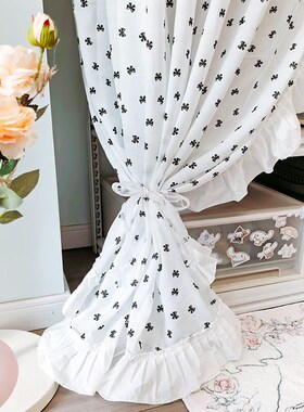 钢制衣橱遮挡帘布艺荷叶边t花边挂布门帘黑色蝴蝶结少女心房间布