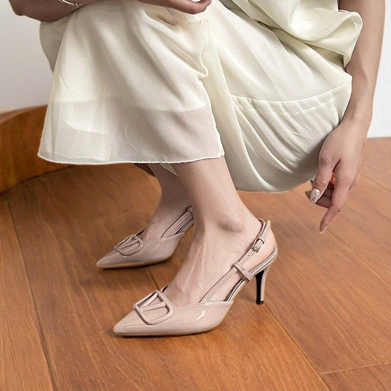 尖头裸色高跟鞋女细跟2025夏季新款V扣后空单鞋法式气质包头凉鞋,女鞋,时装凉鞋,淘宝优惠券,粉丝福利购,淘宝优惠卷