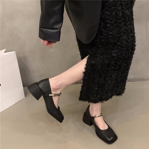 北野花雾~单鞋女法式方头粗跟高跟黑色晚晚鞋玛丽珍鞋小皮鞋