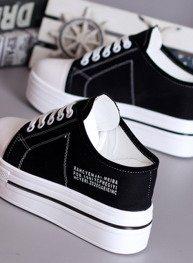 2020夏季透气帆布小白鞋女厚底内增高10CM无后跟半拖鞋懒人鞋学生