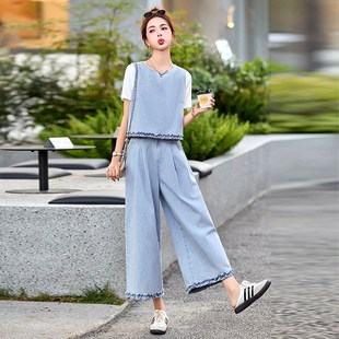 夏季牛仔马甲T恤阔腿裤套装女2025新款爆款高级感九分裤小个子
