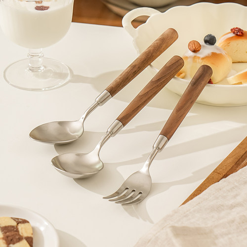 木柄叉勺组合不锈钢勺子家用高档精致304叉子高颜值网红吃饭餐勺