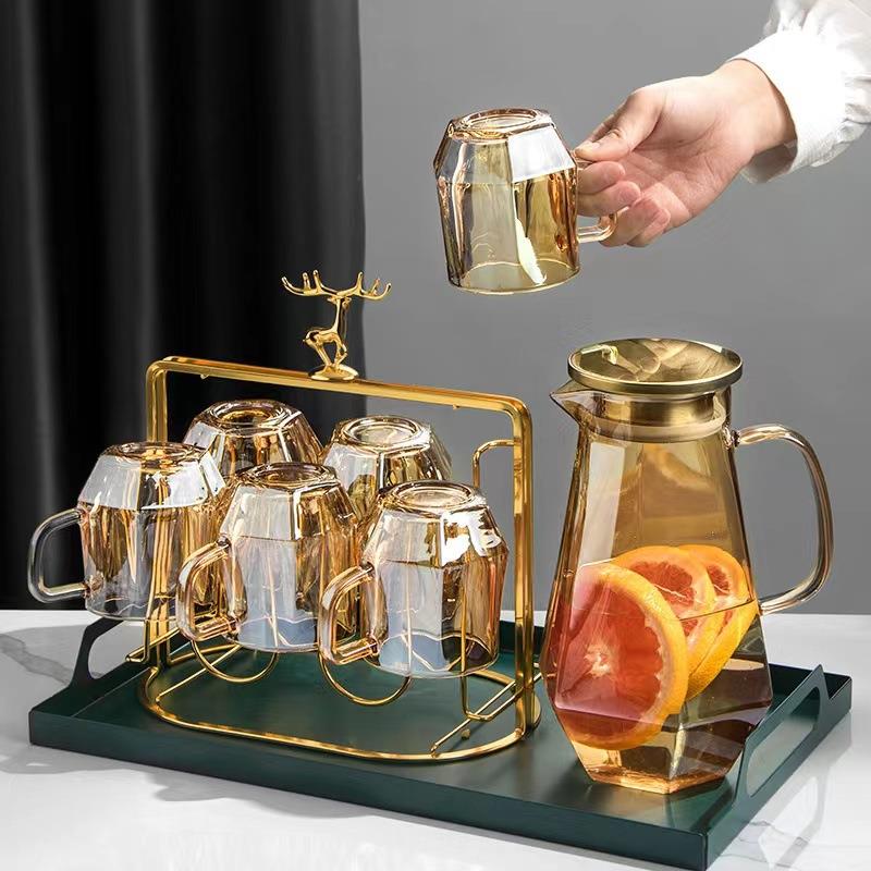 高颜值香槟色大容量玻璃钻石冷水壶家用扎壶开水壶耐高温简约套装