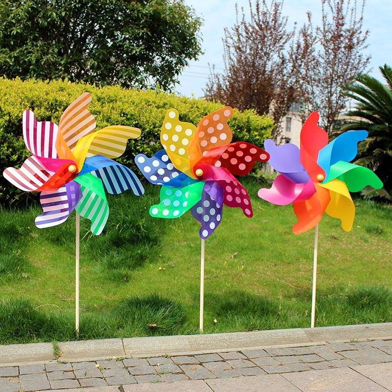 新款80CM大号儿童玩具木杆七彩塑料条纹圆点风车园林户外装饰