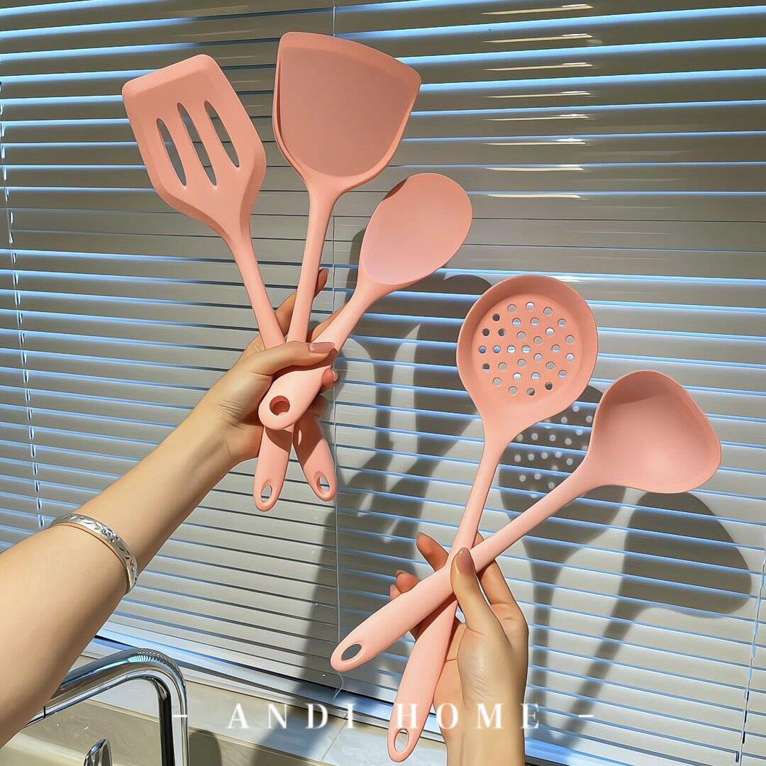 粉色硅胶铲子套装食品级汤勺锅铲漏勺勺子厨具不粘锅厨房用品套装