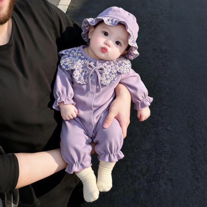 婴儿连身衣春秋套装宝宝贝壳领哈衣爬服新生儿衣服网红超萌连帽子