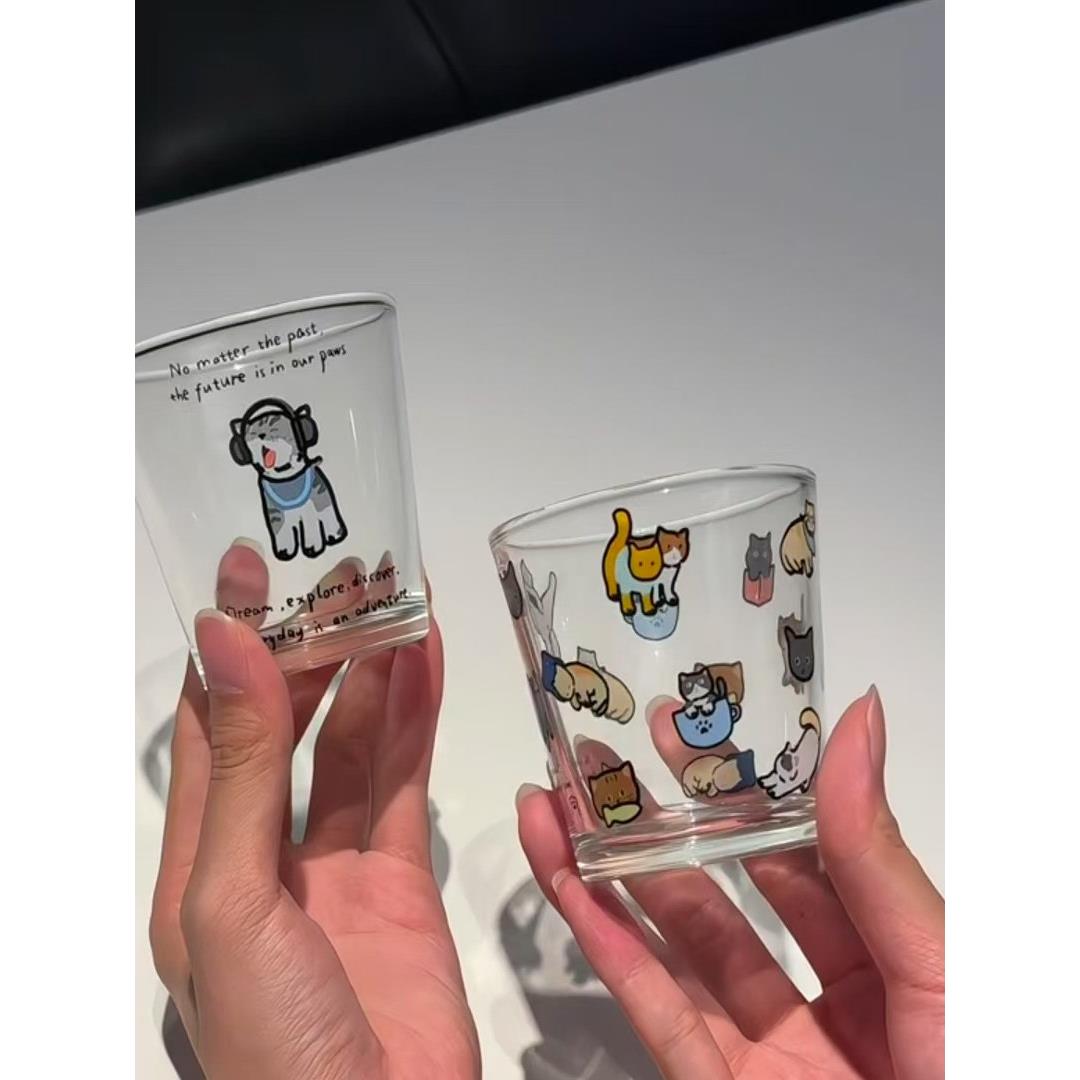 简易绘图小猫玻璃家用卡通耐高温饮用杯冷冲咖啡饮用杯迷你小酒杯