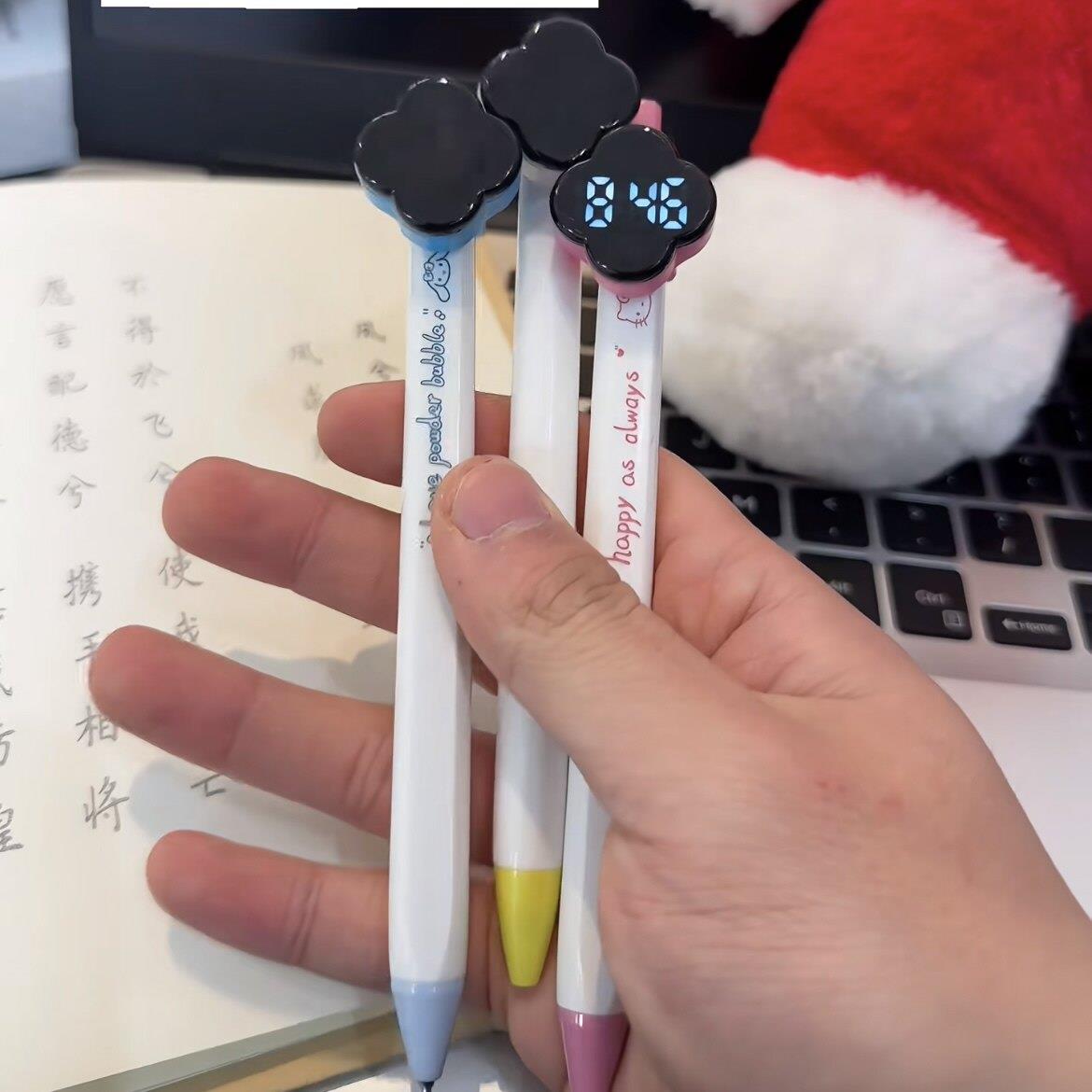 方方笔四叶草笔帽手表电子表时间学生考试专用静音led中性圆珠笔.