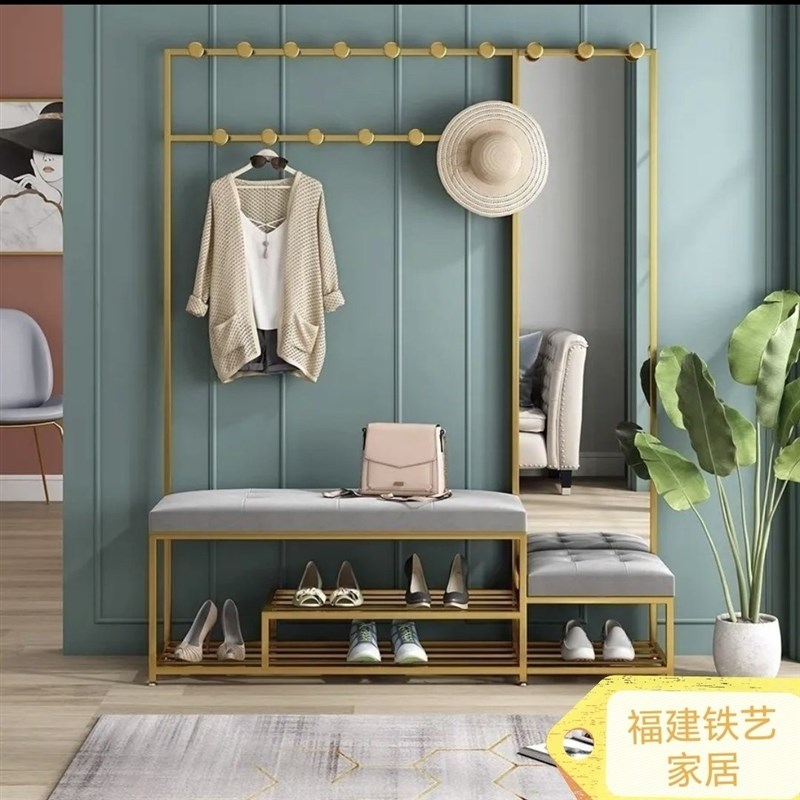 北欧铁艺简约亲子换鞋凳挂衣镜子一体家用进门口穿鞋凳轻奢衣帽架