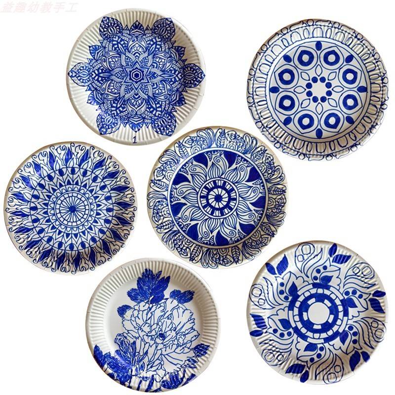 中国风青花瓷图案纹理纸盘子半成品 儿童diy上色手绘青花色装饰画图片