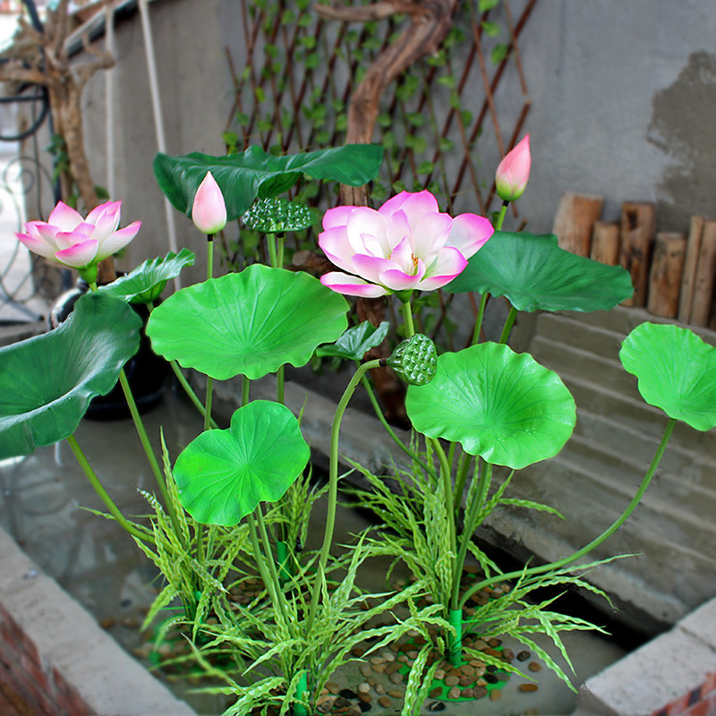 仿真荷花假莲花高档仿真花塑料荷叶池塘花艺中式餐馆插花装饰摆件