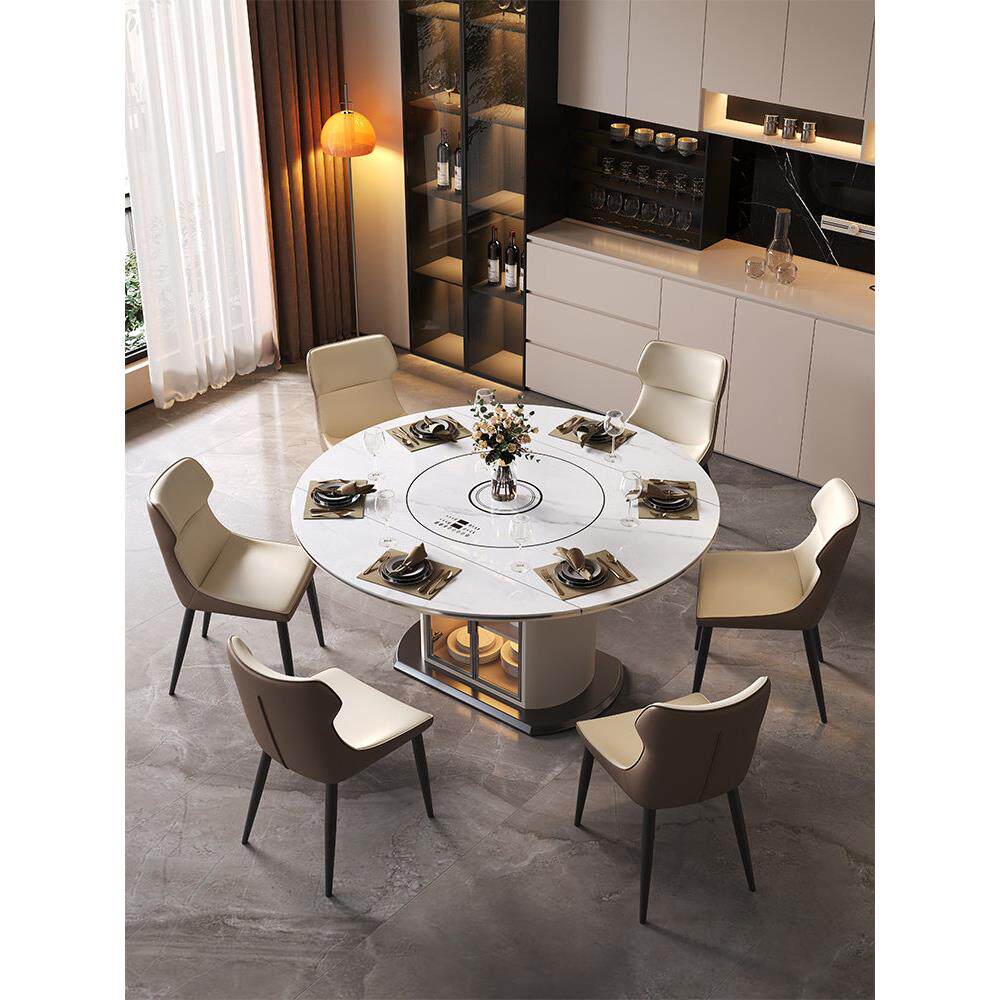 2025新板岩圆形餐桌多功能可伸缩餐桌与电磁炉暖菜转盘家庭餐桌