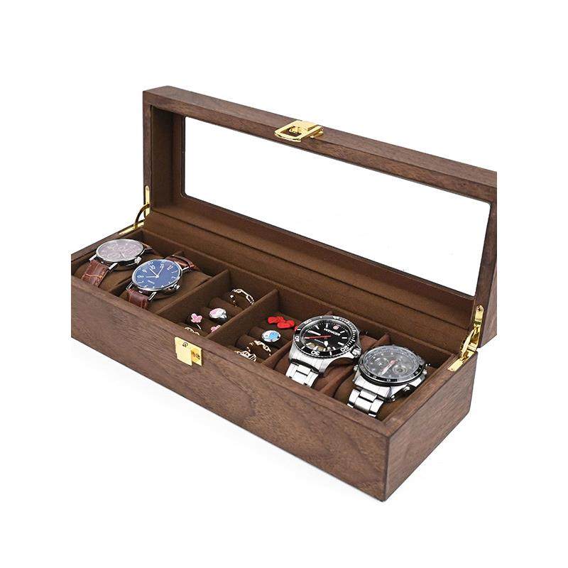 玻璃天窗6位手表盒 覆古木质水曲柳纹红花梨胡桃手表戒指收纳礼盒