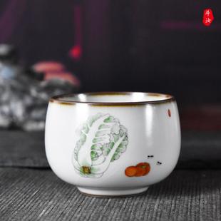 陶瓷单杯 百财图景德镇手绘高端汝窑开片可养主人杯纯手工茶杯中式