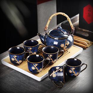 陶瓷家用会客泡茶壶杯现代客厅轻奢餐厅复古提梁壶 窑变泡茶具套装