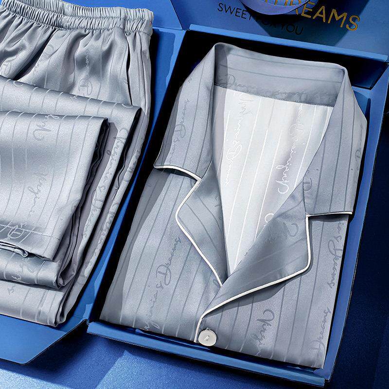 生日礼物送男友老公男士实用高档丝绸条纹睡衣七夕情人节礼品盒装